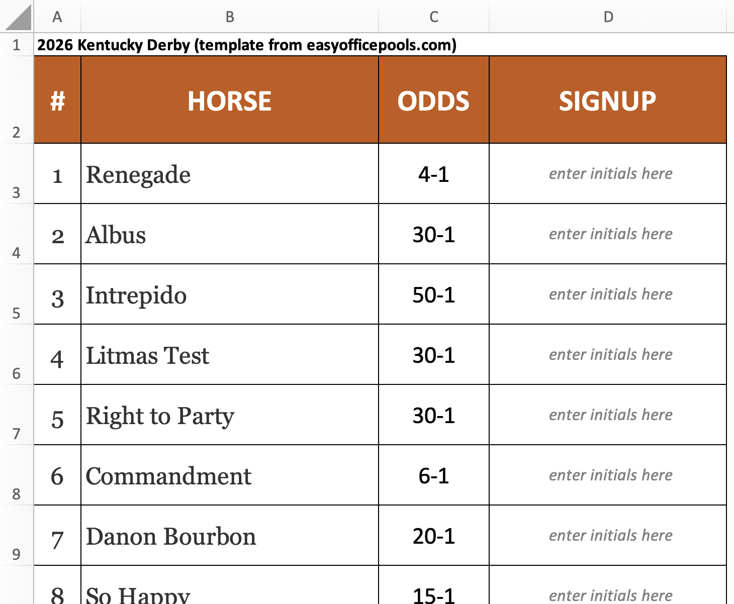 Kentucky Derby Office Pool Template Screenshot